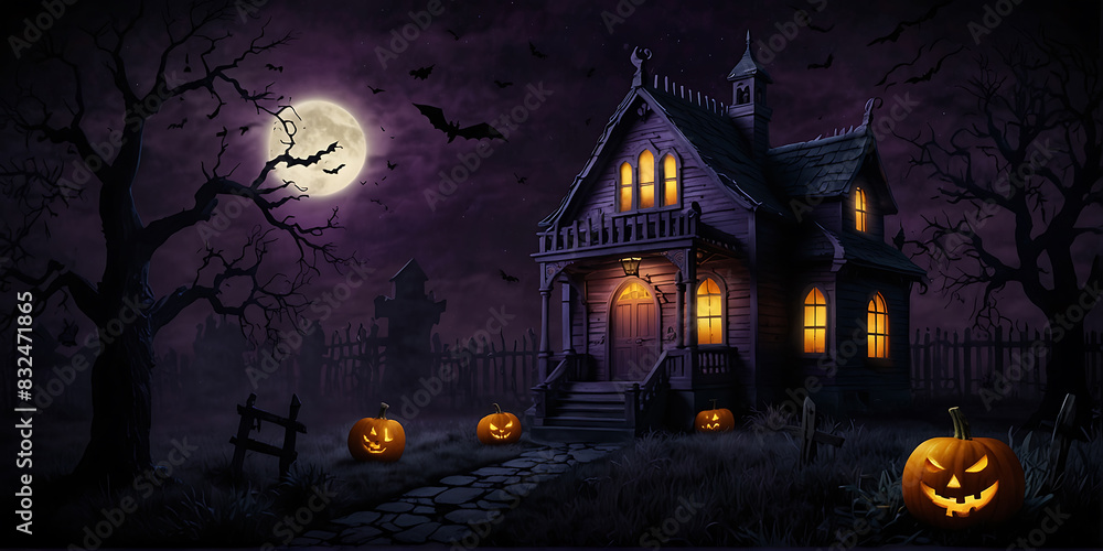 Pumpkins In Graveyard In The Spooky Night with Haunted house and Halloween Pumpkins happy Halloween Background Pumpkins In Graveyard In The Spooky Night with Haunted house and Halloween Pumpkins happy Halloween Background