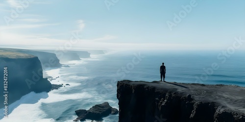 Contemplative Black Man Standing on Cliff Overlooking Vast Ocean. Concept Serene Landscape  Deep Thoughts  Solitude  Ocean Views  Inner Reflections