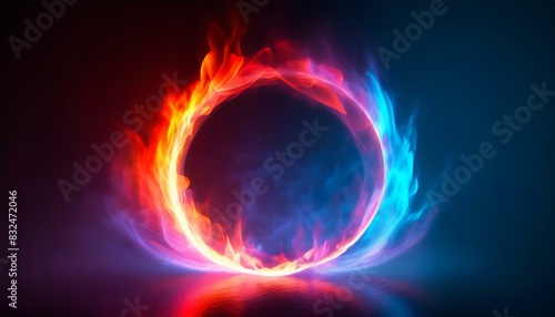 fiery explosion background, 3D render, circular flame with a gradient from blue to red, pink an eye catching ring of fire on a dark background