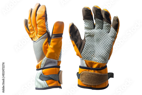 Two orange gloves with white dots on them, Hiking & Trekking Equipment, 3D style and isolated on a transparent background.