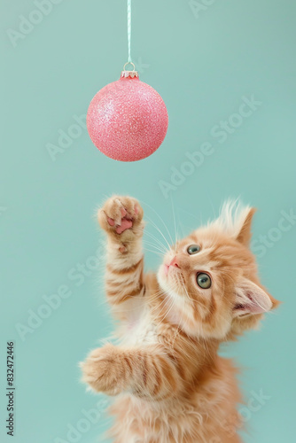 photo of cute kitten holding a pink Christmas ball hanging on a pastel mint background photo