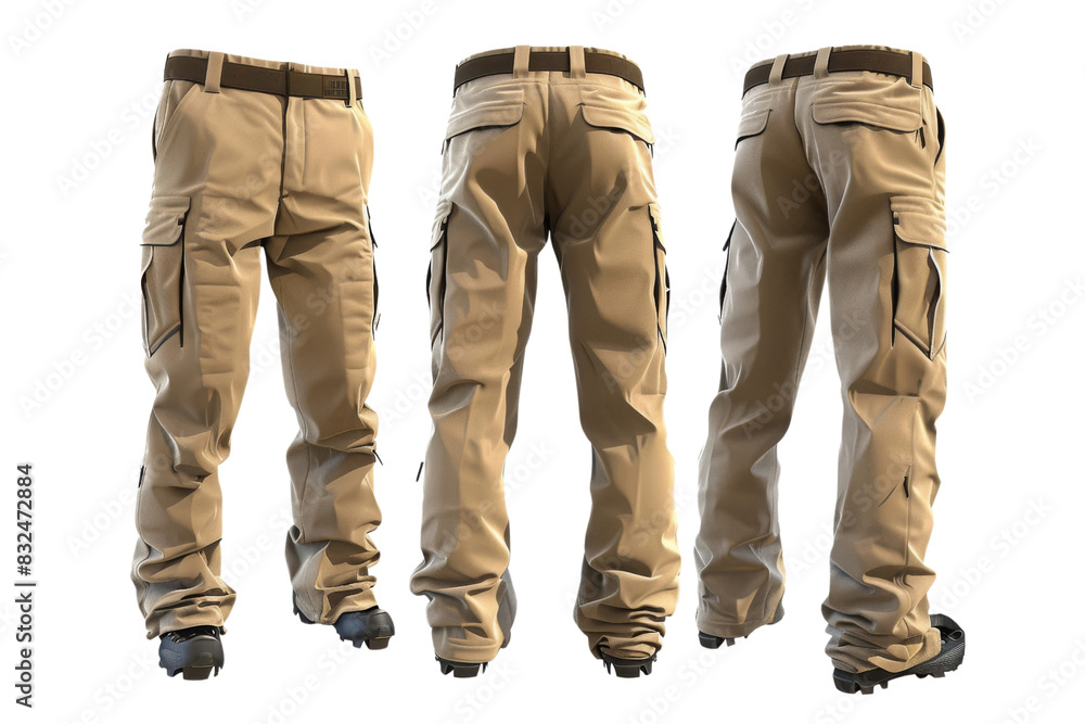 Three pairs of tan pants with pockets, Hiking & Trekking Equipment, 3D style and isolated on a transparent background. Three pairs of tan pants with pockets, Hiking & Trekking Equipment, 3D style and isolated on a transparent background.