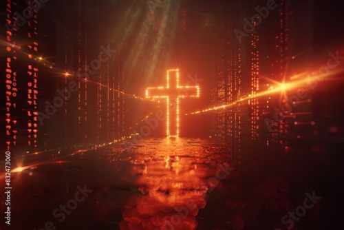 Digital Christian cross god Jesus Christ technological background religion illustration modern computer internet religious shining glowing data science accessible Bible spiritual cyberspace