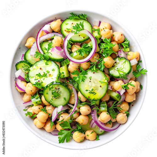 Chickpea salad with cucumber and red onion die cut PNG style isolated on white and transparent background