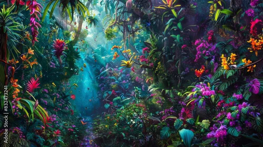 Lush Tropical Jungle With Vibrant Colors And Sunlight