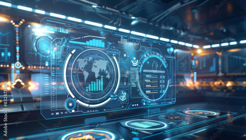A futuristic room with a large screen showing a globe and a few other screens by AI generated image A futuristic room with a large screen showing a globe and a few other screens by AI generated image