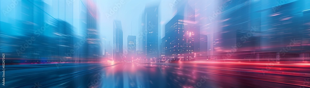 Abstract city skyline with motion blur, blue and red tones.
