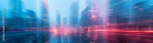 Abstract city skyline with motion blur  blue and red tones.