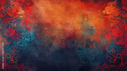 Abstract painting with vibrant red, orange, blue and yellow hues. Swirling and flowing colors create a dynamic and energetic composition. Perfect for design projects.