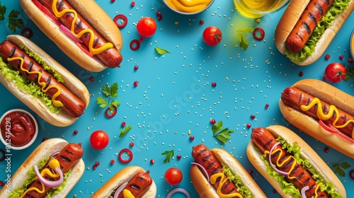 Hot dogs with mustard, ketchup and toppings arranged in a circle on blue background.  Space for text. photo