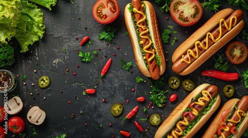 Hot dogs with mustard, lettuce, tomatoes and chili peppers on a black background.
