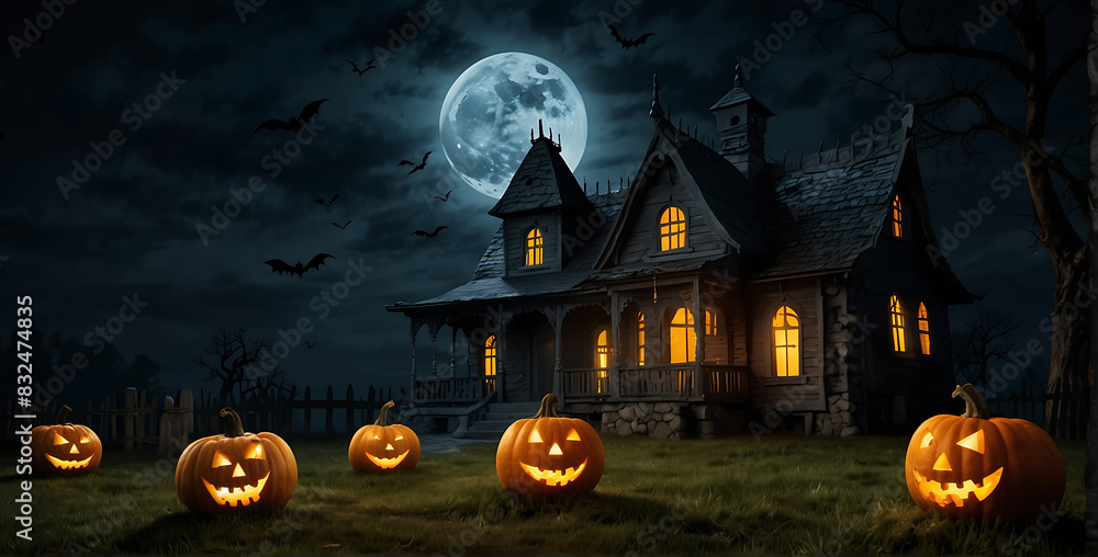 Pumpkins In Graveyard In The Spooky Night with Haunted house and Halloween Pumpkins happy Halloween Background Pumpkins In Graveyard In The Spooky Night with Haunted house and Halloween Pumpkins happy Halloween Background