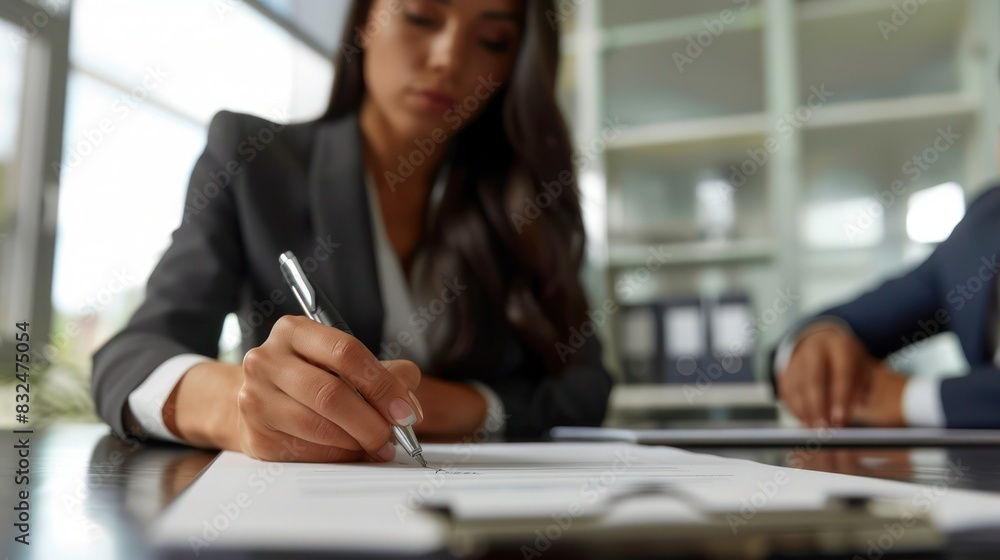 Latin woman signing documents in modern office in front of a man in a suit, advertising photo. Latin woman signing documents in modern office in front of a man in a suit, advertising photo.