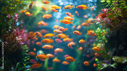 An aquarium scene with a school of neon fish rushing through the water