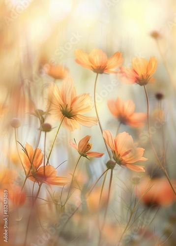 orange cosmos flowers in full bloom with blur background