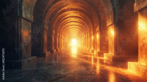A long  narrow tunnel with a light shining through the opening