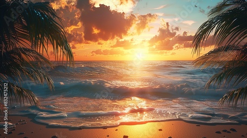 summer background with a sunset over a tropical beach  copy space