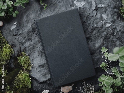 Minimalistic Hardcover Book Mockup on Stone Background with Greenery for Design and Print Projects