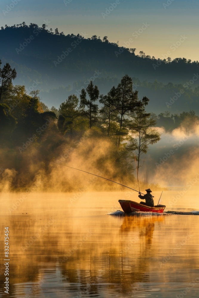Solitary angler with red fishing rod in misty lake at dawn surrounded by green hills Solitary angler with red fishing rod in misty lake at dawn surrounded by green hills