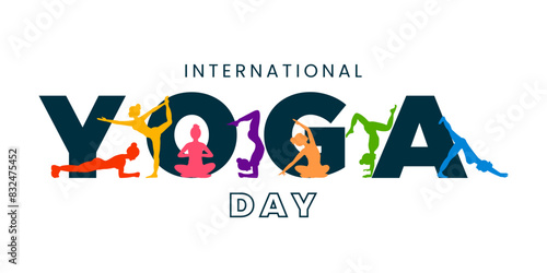 International yoga day. Banner with colorful silhouettes of women doing asana and meditation practice for International Yoga Day on 21st June