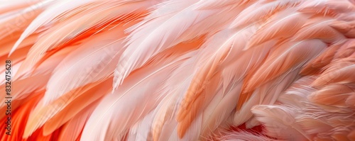 A closeup of the delicate feathers on an elegant flamingo, capturing their soft pink and orange hues.