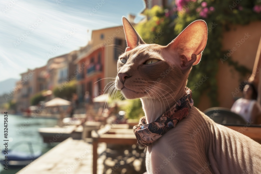 Portrait of a smiling oriental shorthair cat while standing against picturesque seaside village
