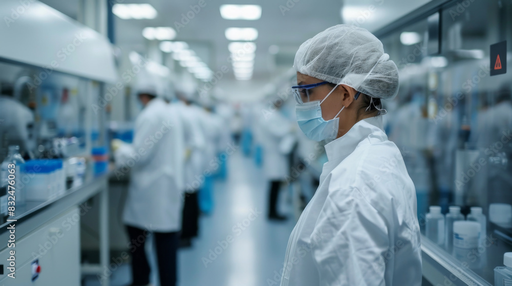 Female scientist wearing protective gear and mask working in a busy laboratory environment focused on scientific research and experiments. Female scientist wearing protective gear and mask working in a busy laboratory environment focused on scientific research and experiments.