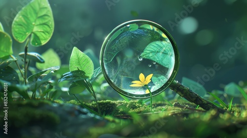 Magnifying glass on a green leaf with dew drops for nature or science themed designs