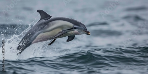 A dolphin is jumping out of the water, body straight up in air, ocean background © MSTSANTA