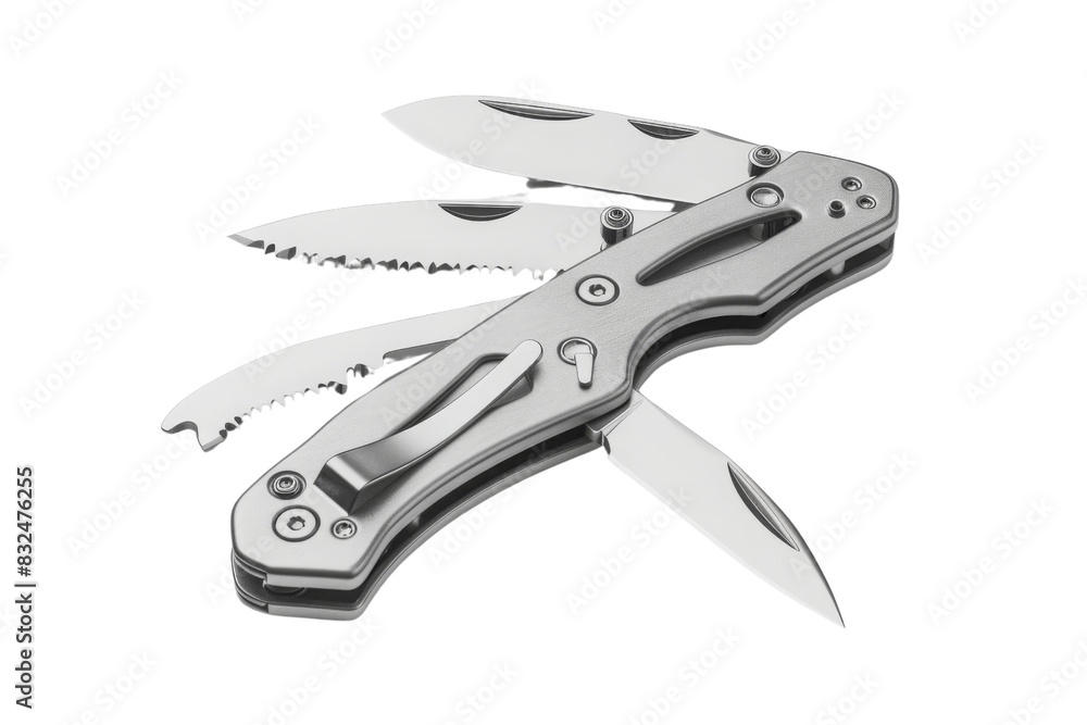 A silver knife with a black handle and a silver blade, Hiking & Trekking Equipment, 3D style and isolated on a transparent background. A silver knife with a black handle and a silver blade, Hiking & Trekking Equipment, 3D style and isolated on a transparent background.