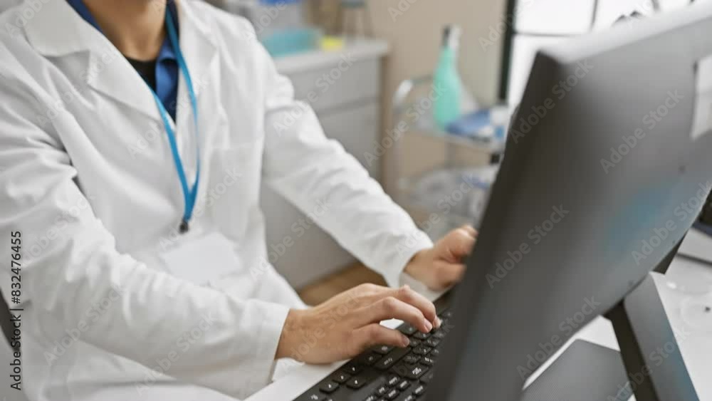 A focused hispanic man in a white lab coat working on a computer in a bright laboratory setting. A focused hispanic man in a white lab coat working on a computer in a bright laboratory setting.