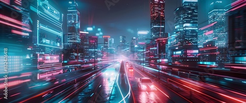 Futuristic Cityscape at Night with SelfDriving Cars and Holographic Displays photo