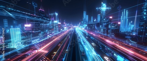 Futuristic Cityscape at Night with SelfDriving Cars and Holographic Displays