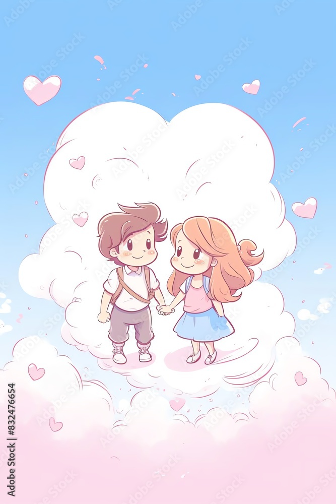 A cute cartoon-style illustration of a loving couple standing on a fluffy cloud with hearts floating around in a pastel sky. A cute cartoon-style illustration of a loving couple standing on a fluffy cloud with hearts floating around in a pastel sky.