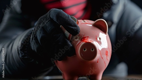 Burglars Hand Reaching for Piggy Bank concept of  Financial Criminal photo