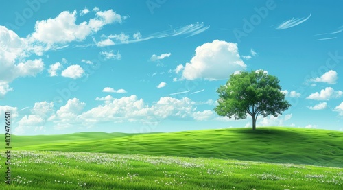a lone tree in large green grassland with a blue sky and white cloud