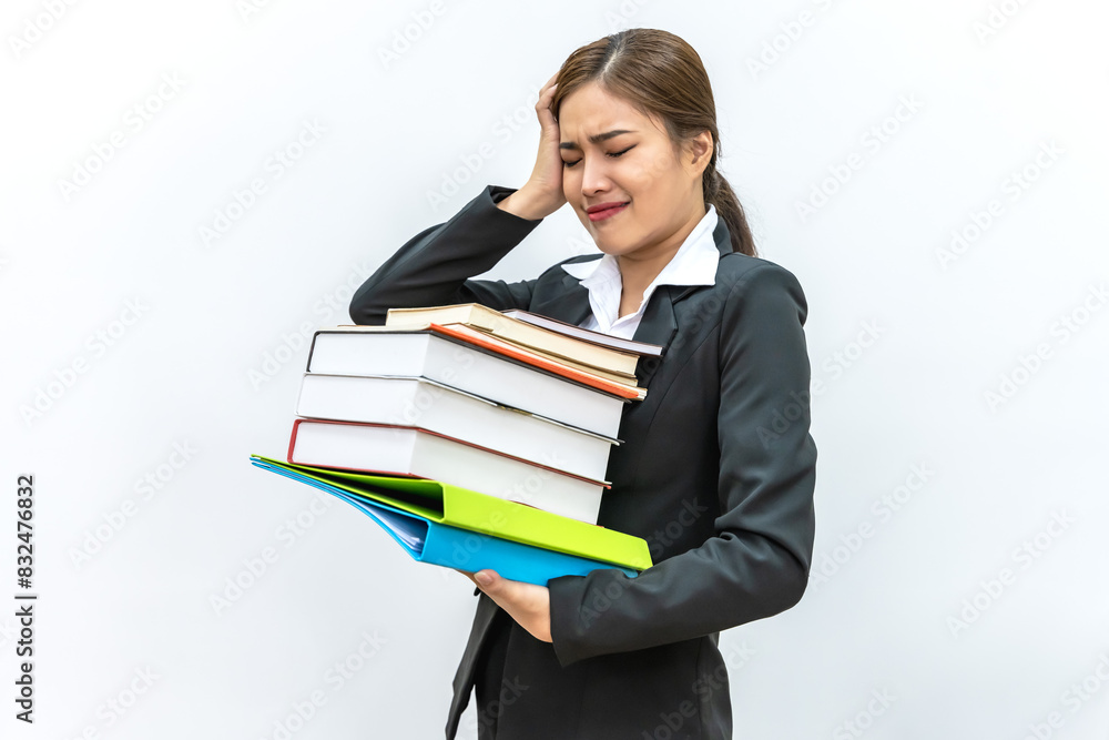 Portrait young Asian librarian holding stack of textbooks on white background Portrait young Asian librarian holding stack of textbooks on white background