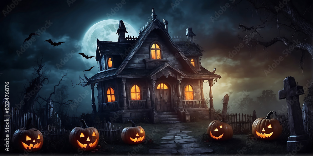 Pumpkins In Graveyard In The Spooky Night with Haunted house and Halloween Pumpkins happy Halloween Background Pumpkins In Graveyard In The Spooky Night with Haunted house and Halloween Pumpkins happy Halloween Background