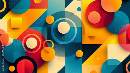 Abstract geometric background with overlapping squares and circles in bright, bold colors photo