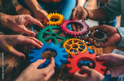 Diverse Hands Connect Colorful Gears on Table  Business Team