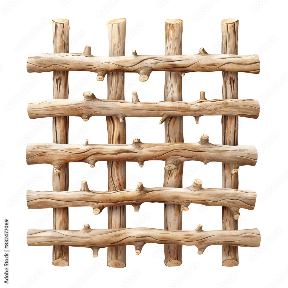 Obraz premium Light wooden log fence die cut PNG style isolated on white and transparent background