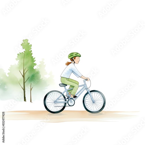 Illustration of a girl riding a bicycle with safety helmet near trees, enjoying an outdoor activity on a clear day.