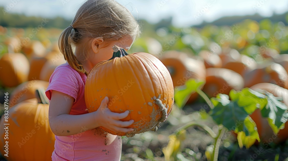 Fototapeta premium Young girl gathering pumpkins at halloween pumpkin patch for festive decorations