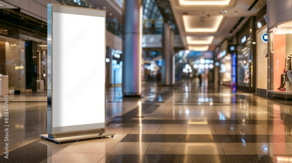 Mockup of blank white vertical indoor advertising roll up stand in shopping centre Mockup of blank white vertical indoor advertising roll up stand in shopping centre