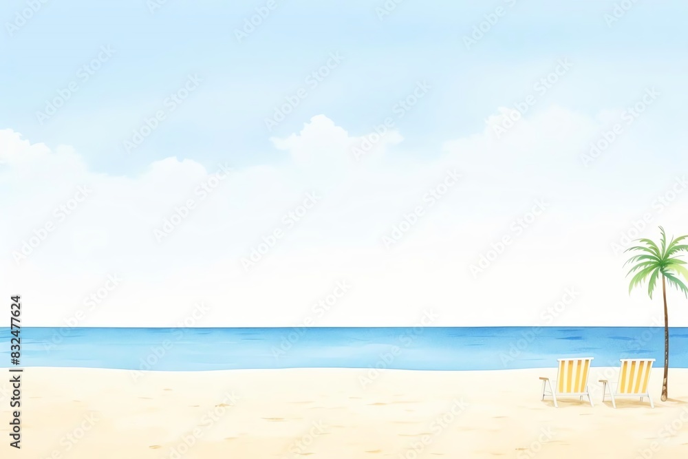 Peaceful beach scene with clear blue sky, calm sea, sandy shore, and two chairs under a palm tree. Perfect for relaxing summer vibes.