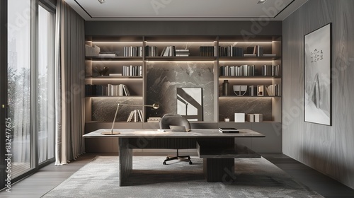 Wallpaper Mural Contemporary home office with minimalist decor, built-in shelving, and a sleek desk, fostering a focused work environment. Torontodigital.ca