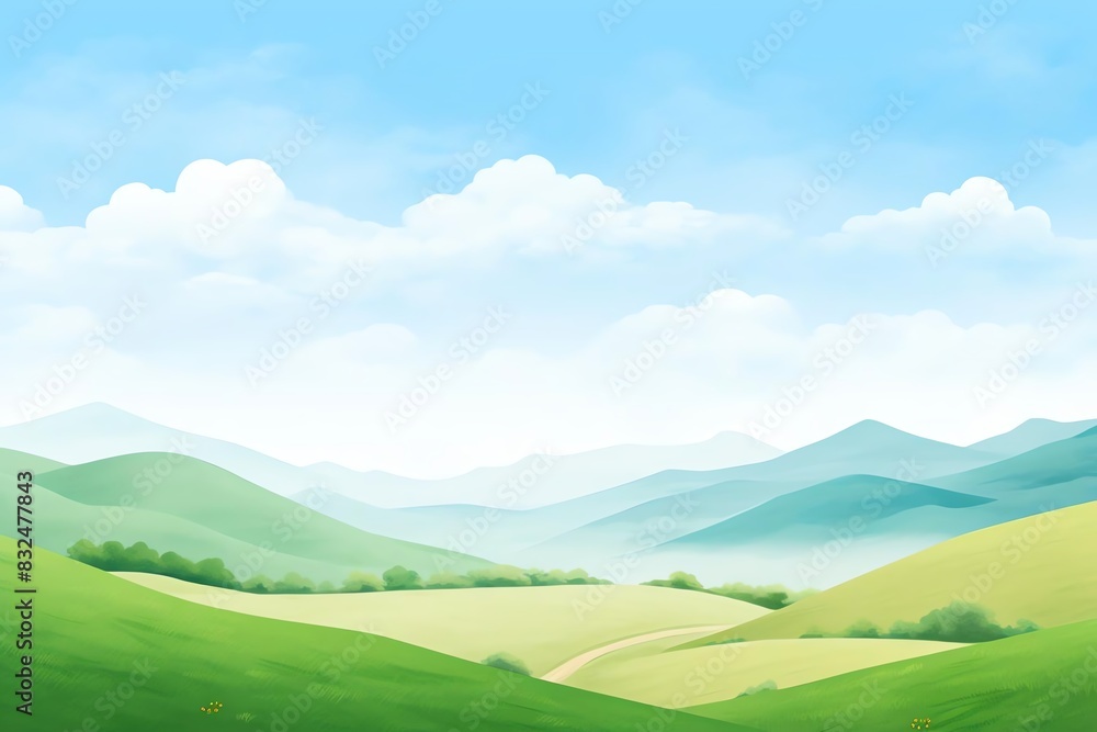 Serene landscape of rolling green hills under a bright blue sky with white fluffy clouds. Serene landscape of rolling green hills under a bright blue sky with white fluffy clouds.
