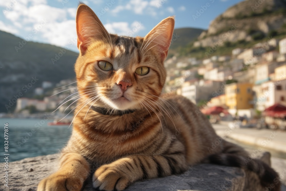 Portrait of a smiling havana brown cat isolated on picturesque seaside village Portrait of a smiling havana brown cat isolated on picturesque seaside village