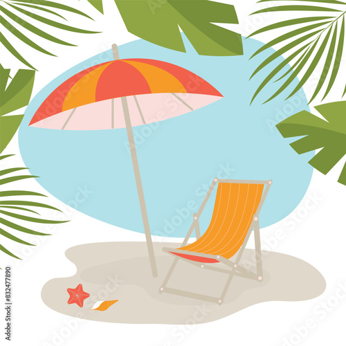 Lounge chair icon with beach sunshade umbrella. Lounge chair and parasol. Summer travel vector icon isolated. Flat design element. Vacation relax symbol.