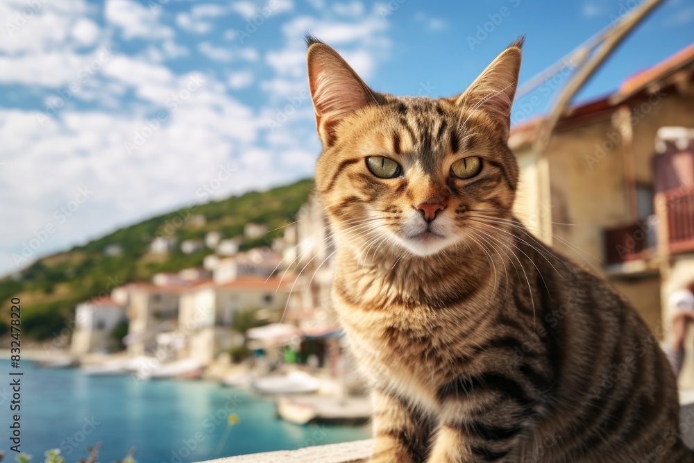Portrait of a smiling havana brown cat isolated on picturesque seaside village Portrait of a smiling havana brown cat isolated on picturesque seaside village